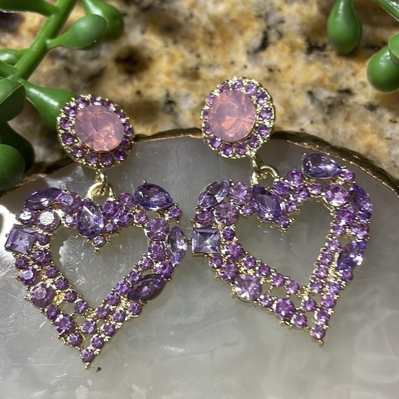 Lavender Crystal Heart Drop Statement Earrings - Picture 4 of 13